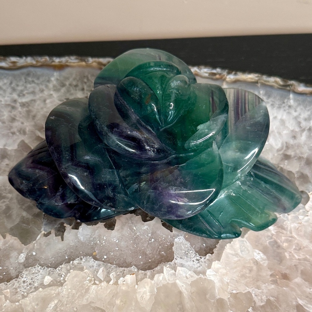 Gorgeous XL Carved Floral Fluorite Crystal Rose Sculpture